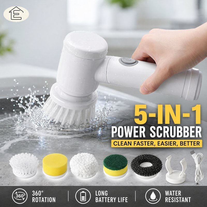 5-in-1 Electric Spin Scrubber – Cordless Rotating Cleaning Brush for Kitchen, Bathroom & Tiles
